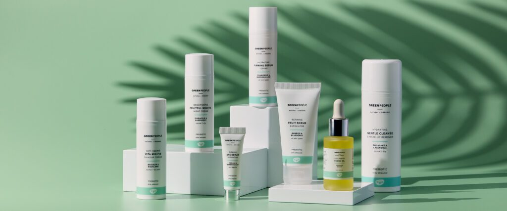 A selection of green people products set against a green background.