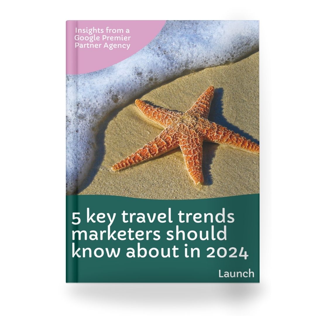 Image shows front cover of a publication entitled 5 key travel trends marketers should know about in 2024